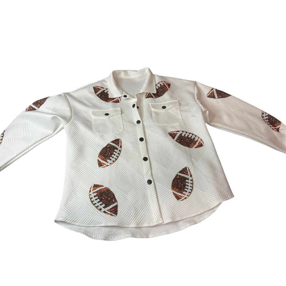 Women’s Large White Button Up Football Shacket Shirt Top Super Bowl Quilted